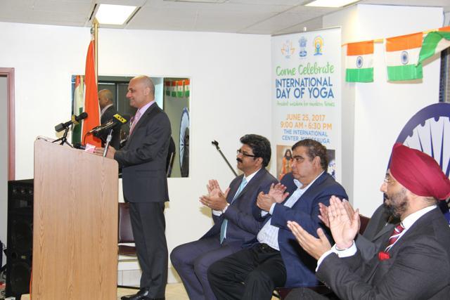 India’s consul general in Toronto, Dinesh Bhatia, speaks at a function announcing the event related to the International Day of Yoga celebrations in Canada. (HT Photo)