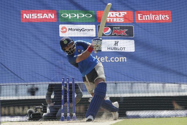 Indian cricket team captain Virat Kohli bats during a training session at the Oval cricket ground in London. (PTI) Indian cricket team captain Virat Kohli bats during a training session at the Oval cricket ground in London. (PTI)