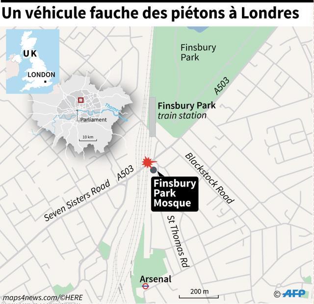 Map of northern London locating Finsbury Park mosque. One person was killed and 10 more were injured when a van drove into a crowd of Muslim worshippers there on Monday. (AFP) Map of northern London locating Finsbury Park mosque. One person was killed and 10 more were injured when a van drove into a crowd of Muslim worshippers there on Monday. (AFP)