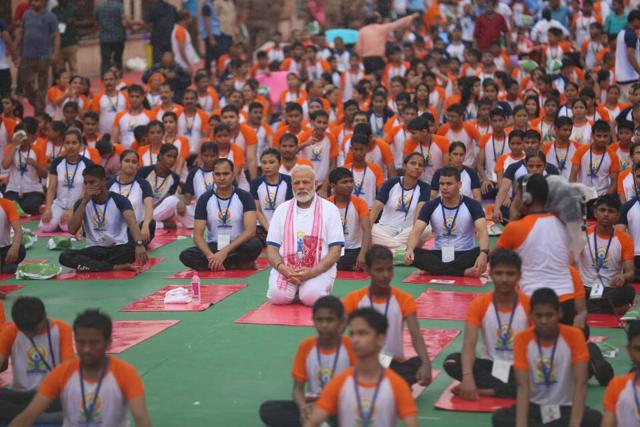 Prime Minister Narendra Modi takes part in the Yoga Day celebrations in Lucknow on Wednesday. (Photo: UP government / Twitter) Prime Minister Narendra Modi takes part in the Yoga Day celebrations in Lucknow on Wednesday. (Photo: UP government / Twitter)