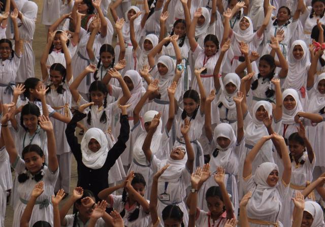 Children from NH School, Mira Road paritcipate in a yoga session. (Pramod Thakur/HT Photo)