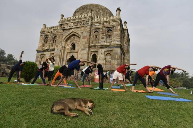 Participants perform yoga at Lodhi Garden on Wednesday. (Arvind Yadav / HT Photo) Participants perform yoga at Lodhi Garden on Wednesday. (Arvind Yadav / HT Photo)