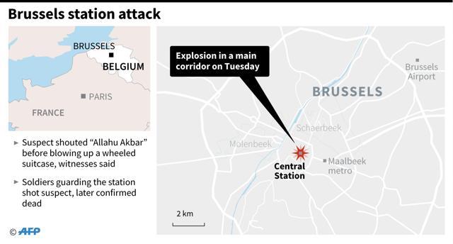 Map of Brussels locating the central train station, where soldiers shot dead a suspected bomber who set off an explosion on Tuesday. (AFP) Map of Brussels locating the central train station, where soldiers shot dead a suspected bomber who set off an explosion on Tuesday. (AFP)