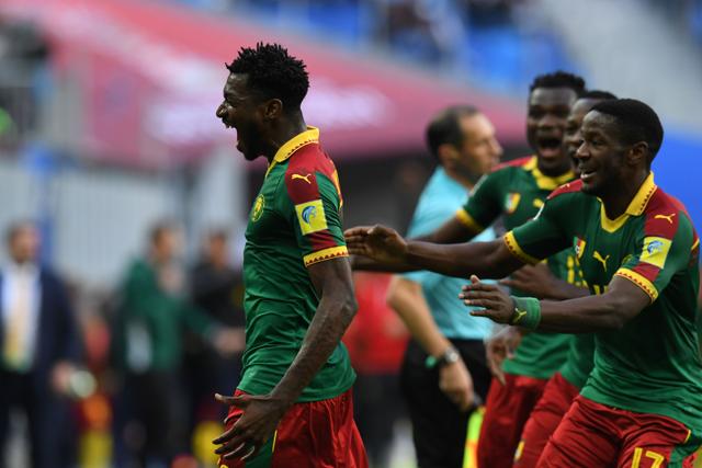 Cameroon's midfielder Andre Zambo (C) reacts after scoring the first goal. (AFP)