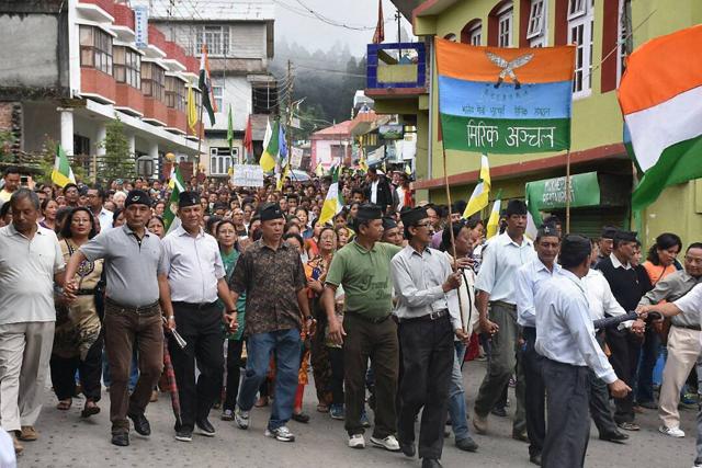 GJM supporters take out a rally to demand a separate state of Gorkhaland during a protest in Darjeeling on Wednesday. (PTI) GJM supporters take out a rally to demand a separate state of Gorkhaland during a protest in Darjeeling on Wednesday. (PTI)