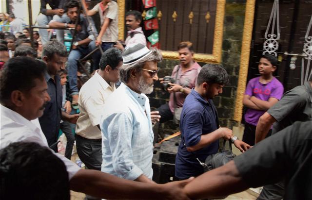 Rajinikanth during shooting of his next film, Kaala Karikalan, in Mumbai on Monday. (PTI)
