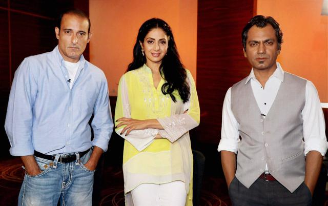 Bollywood actors Nawazuddin Siddiqui, Sridevi and Akshaye Khanna during the media interaction for Mom. (PTI)