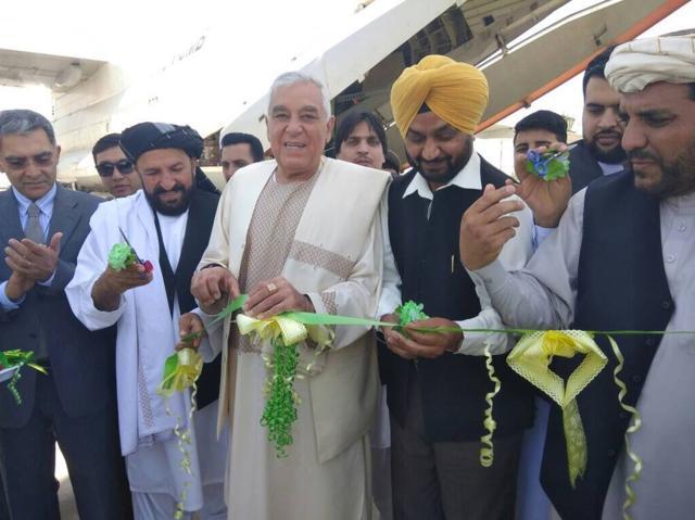 NP Singh, India’s consul general in Kandahar, with Afghan officials at Kandahar airport. (Twitter)