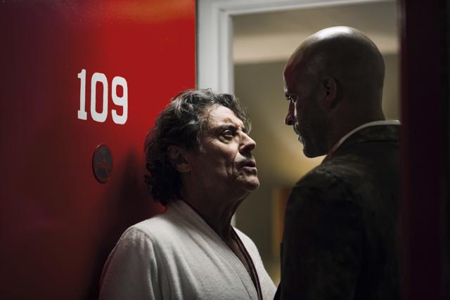 This image released by Starz shows Ian McShane, left, and Ricky Whittle in a scene from, American Gods. (AP)