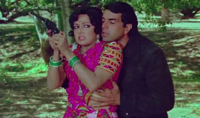 Hema Malini and Dharamendra in a still from Sholay. Hema Malini and Dharamendra in a still from Sholay.