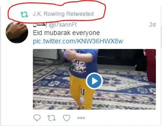 JK Rowling retweeted the video to her 10.8 million followers (JK Rowling Twitter Screengrab)