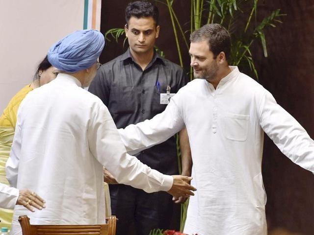 Former prime minister Manmohan Singh and Congress vice-president Rahul Gandh at an event in New Delhi. (PTI) Former prime minister Manmohan Singh and Congress vice-president Rahul Gandh at an event in New Delhi. (PTI)