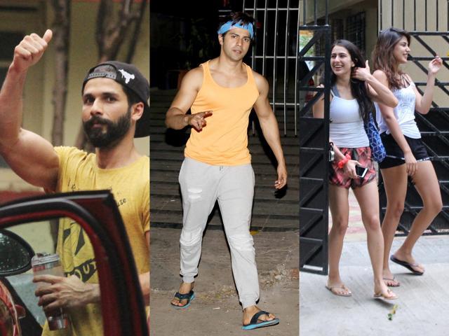 Shahid Kapoor, Varun Dhawan, and Sara Ali Khan accompanied by Rhea Chakraborty. (Yogen Shah and Viral Bhayani.)