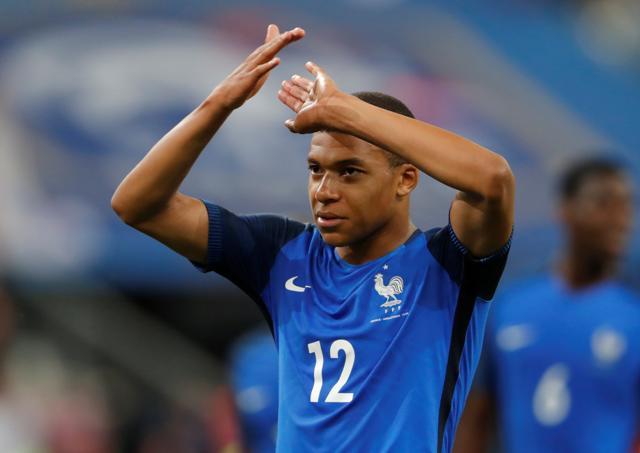 France's Kylian Mbappe celebrates at the end of the match against England. (REUTERS) France's Kylian Mbappe celebrates at the end of the match against England. (REUTERS)