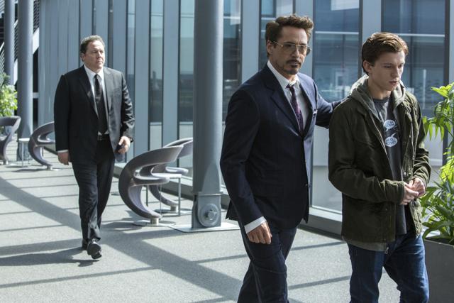 This image released by Columbia Pictures shows Jon Favreau, from left, Robert Downey Jr. and Tom Holland in a scene from Spider-Man: Homecoming. (AP) This image released by Columbia Pictures shows Jon Favreau, from left, Robert Downey Jr. and Tom Holland in a scene from Spider-Man: Homecoming. (AP)