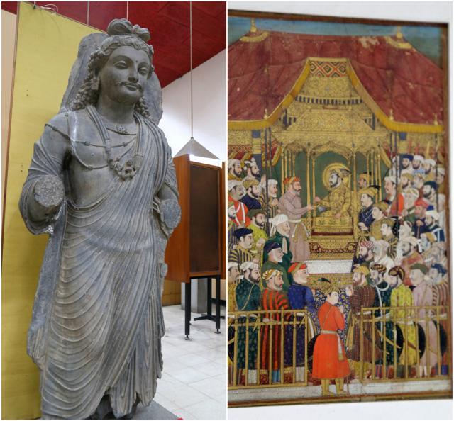 Second century standing Bhodisttava figure (L), and 17th century miniature painting of Darwar of Emperor Shahjahan. (Sanjeev Sharma/HT)