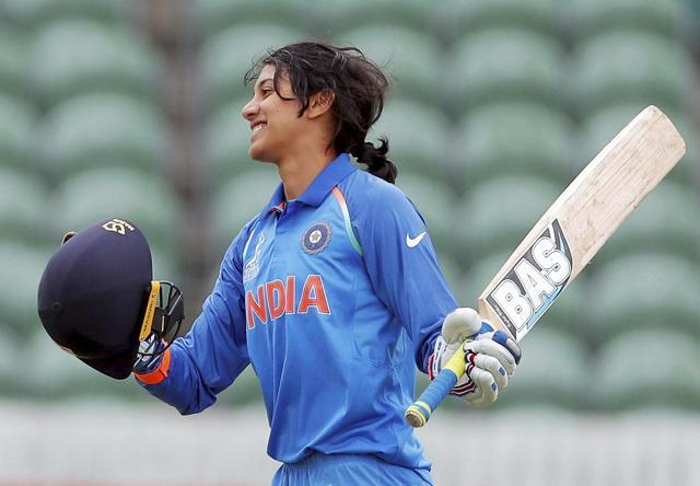Taunton: Indian player Smriti Mandhana celebrates after she scored a century against West Indies. (PTI) Taunton: Indian player Smriti Mandhana celebrates after she scored a century against West Indies. (PTI)