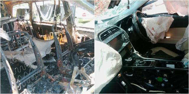 Damaged interiors of the Innova car ( left), and Jaguar. (Gagandeep Singh/HT Photos) Damaged interiors of the Innova car ( left), and Jaguar. (Gagandeep Singh/HT Photos)