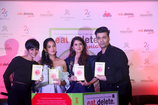 Author Pooja Makhija with Mandira Bedi, Mira Rajput and filmmaker Karan Johar during the book launch of Eat Delete Junior in Mumbai. (IANS) Author Pooja Makhija with Mandira Bedi, Mira Rajput and filmmaker Karan Johar during the book launch of Eat Delete Junior in Mumbai. (IANS)