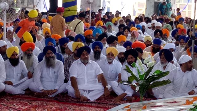 Shiromani Akali Dal (SAD0 chief Sukhbir Singh Badal along with other party leaders during religious congregation in Talwandi Sabo, Bathinda, on Saturday. (Sanjeev Kumar/HT Photo)