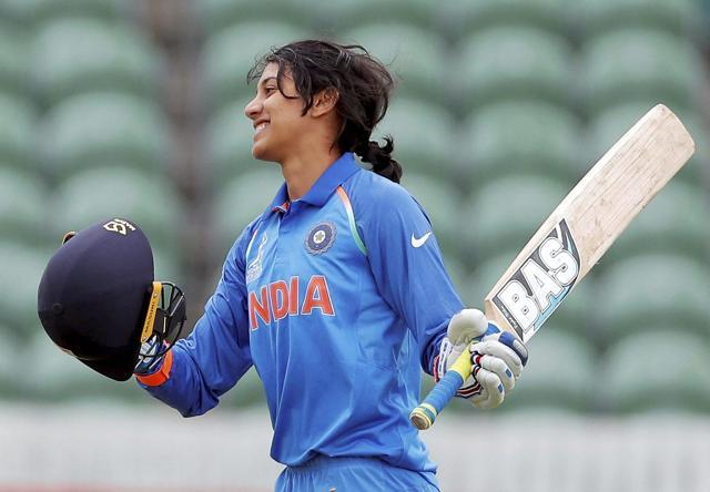 Taunton: Indian player Smriti Mandhana celebrates after she scored a century against West Indies. (PTI) Taunton: Indian player Smriti Mandhana celebrates after she scored a century against West Indies. (PTI)