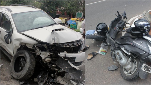 The SUV jumped a traffic light, hit the scooter and a Maruti Swift car along with one more vehicle near the Chandigarh municipal corporation building. (HT Photos) The SUV jumped a traffic light, hit the scooter and a Maruti Swift car along with one more vehicle near the Chandigarh municipal corporation building. (HT Photos)