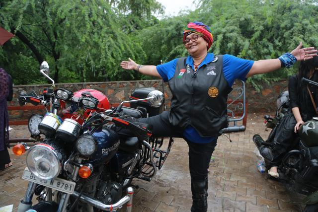Devi Banerjee, an activist working with Azad Foundation, strikes a pose with her machine. (Amal KS/HT Photo)