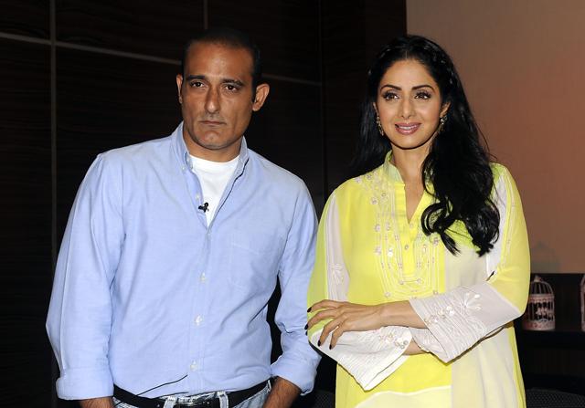 Indian Bollywood actors Akshaye Khanna (L) and Sridevi attend a promotional event for the upcoming thriller Hindi film Mom in Mumbai. (AFP) Indian Bollywood actors Akshaye Khanna (L) and Sridevi attend a promotional event for the upcoming thriller Hindi film Mom in Mumbai. (AFP)