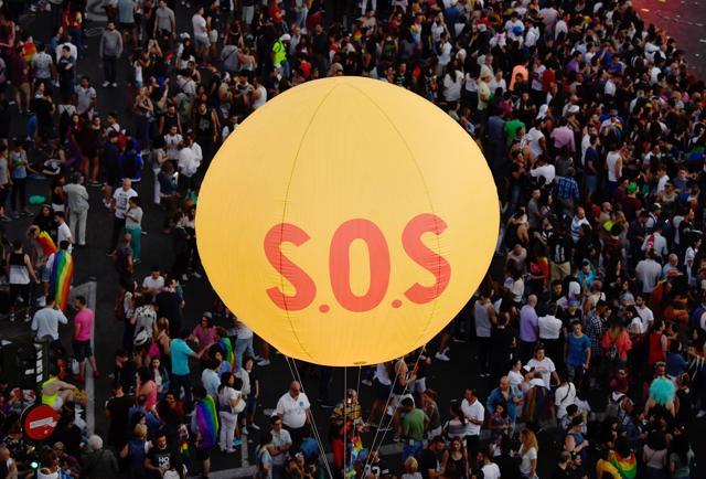 A balloon raises as people gather at Cibeles square during the WorldPride 2017 parade in Madrid on July 1, 2017. (AFP) A balloon raises as people gather at Cibeles square during the WorldPride 2017 parade in Madrid on July 1, 2017. (AFP)