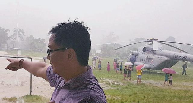 Union minister Kiren Rijiju gestures after his chopper made an emergency landing in Itanagar on Tuesday due to bad weather. (PTI FILE PHOTO) Union minister Kiren Rijiju gestures after his chopper made an emergency landing in Itanagar on Tuesday due to bad weather. (PTI FILE PHOTO)