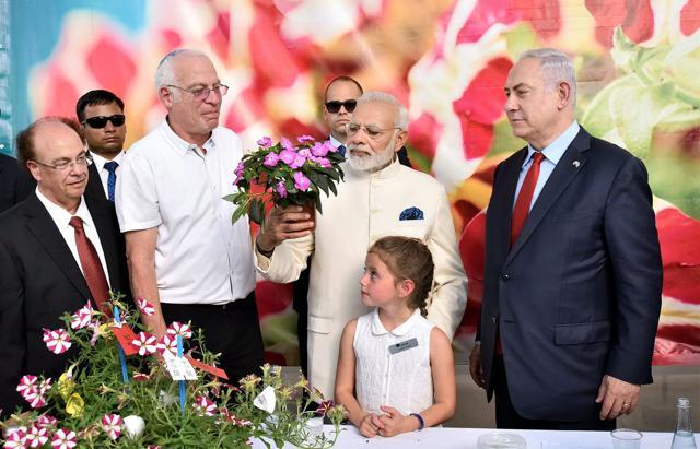 Prime Minister Narendra Modi with his Israeli counterpart Benjamin Netanyahu,visiting the Danziger Flower Farm in Tel Aviv, where a special variety of chrysanthemum was named after Modi. (PTI) Prime Minister Narendra Modi with his Israeli counterpart Benjamin Netanyahu,visiting the Danziger Flower Farm in Tel Aviv, where a special variety of chrysanthemum was named after Modi. (PTI)
