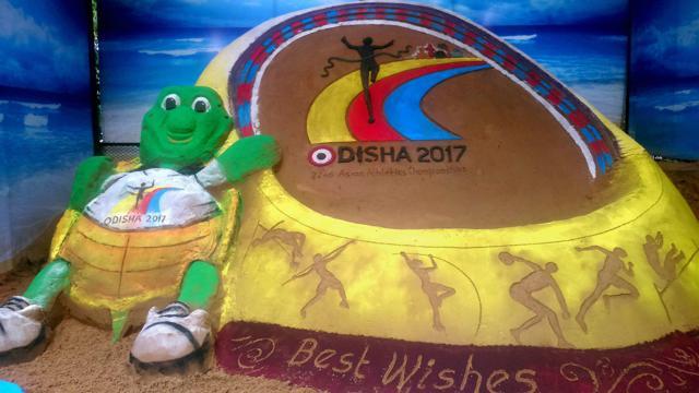 A sand sculpture based on the 22nd Asian Athletics Championships made by sand artist Subal Maharana, in Bhubaneswar on Tuesday. (PTI) A sand sculpture based on the 22nd Asian Athletics Championships made by sand artist Subal Maharana, in Bhubaneswar on Tuesday. (PTI)