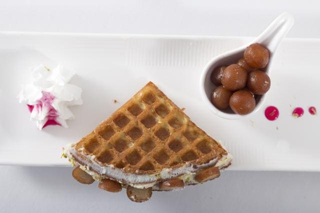 Two waffles stuffed with rabdi, gulab jamun and rose syrup. (The Waffle Tree) Two waffles stuffed with rabdi, gulab jamun and rose syrup. (The Waffle Tree)