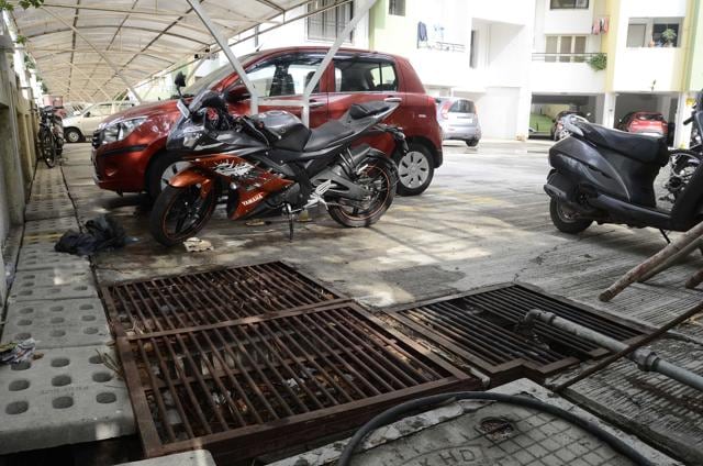 Rain water harvesting at Relicon Felicia society in Baner. The filtration process usually begins at the underground collection tank and is then filtered and directed to the water storage tanks placed above the ground level (Ravindra Joshi/HT Photo)