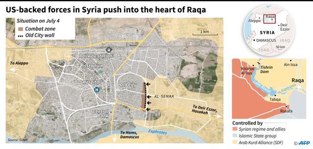 Map of the Syrian city of Raqa, showing advances by Kurdish Arab alliance forces(SDF)as of July 4. (AFP) Map of the Syrian city of Raqa, showing advances by Kurdish Arab alliance forces(SDF)as of July 4. (AFP)