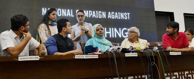 Veteran journalist Kuldip Nayar, dalit activist Jignesh Mevani, Tehseen Poonawala, students leaders Kanahaiya Kumar, Shehla Rashid and actor Swara Bhaskar at the launch of a national campaign against mob lynching, in New Delhi on Monday. (PTI) Veteran journalist Kuldip Nayar, dalit activist Jignesh Mevani, Tehseen Poonawala, students leaders Kanahaiya Kumar, Shehla Rashid and actor Swara Bhaskar at the launch of a national campaign against mob lynching, in New Delhi on Monday. (PTI)