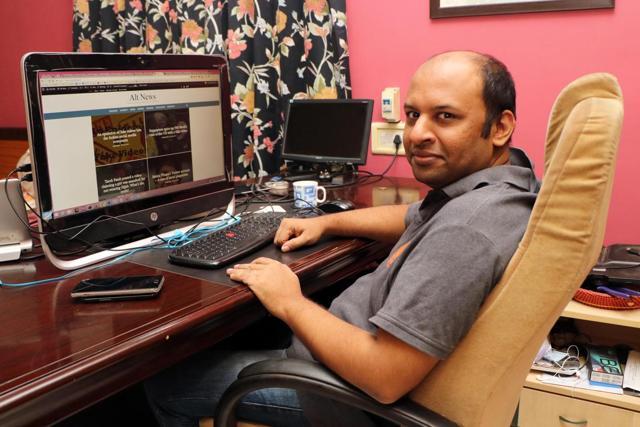 Pratik Sinha, co-founder, AltNews at his Ahmedabad office. (Sidhharaj Solanki/HT Photo.) Pratik Sinha, co-founder, AltNews at his Ahmedabad office. (Sidhharaj Solanki/HT Photo.)