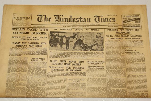 A copy of Hindustan Times that dates back to August 27,1945. (Raajessh Kashyap/HT)
