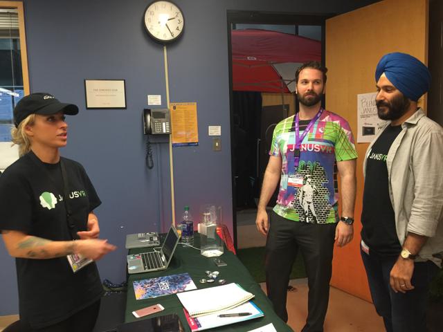 JanusVR co-founders James McCrae and Professor Karan Singh, with colleague Samantha Mathews, at VRTO. (HT Photo) JanusVR co-founders James McCrae and Professor Karan Singh, with colleague Samantha Mathews, at VRTO. (HT Photo)