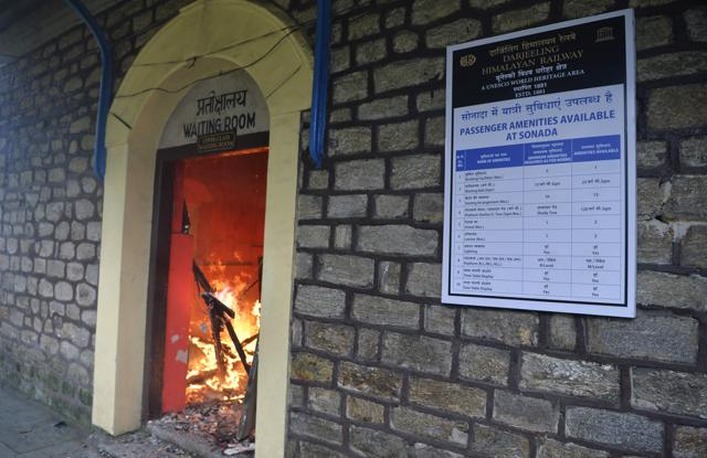 A waiting room at the train station was burnt down during clashes in Sonada near Darjeeling. (AFP)