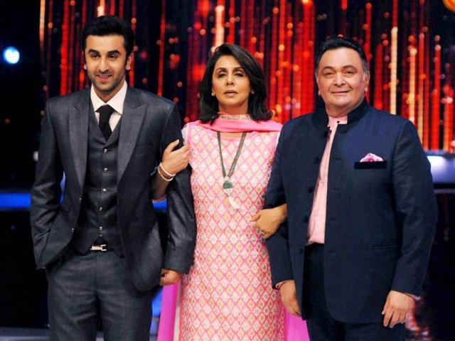 Neetu Kapoor poses with husband Rishi and son Ranbir.