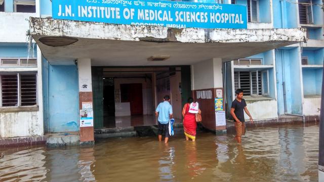 The JN Institute of Medical Sciences in Imphal inundated by flood waters. (HT Photo) 