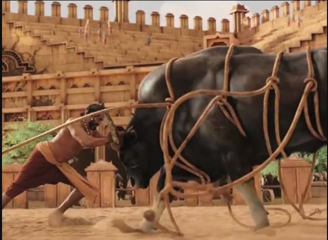 Actor Rana Daggubati fighting with a fake bull.