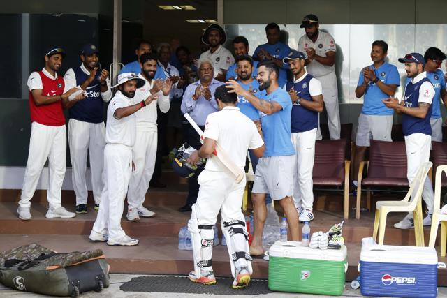 Team India celebrates Karun Nair’s triple century during Day 4 of the 5th Test match between India and England at the M. A. Chidambaram Stadium on December 19, 2016. (BCCI)