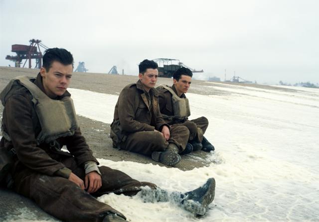This image released by Warner Bros. Pictures shows Harry Styles, from left, Aneurin Barnard and Fionn Whitehead in a scene from Dunkirk. (AP)