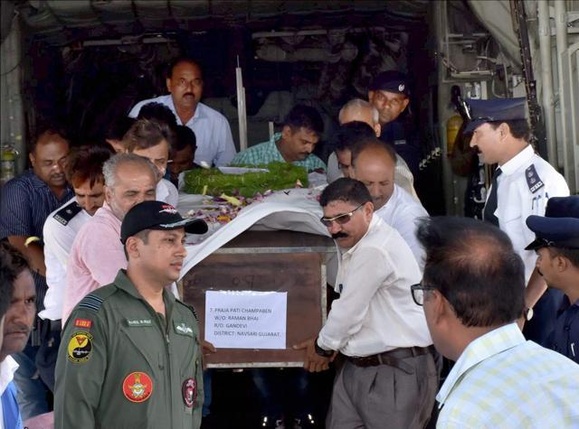 Bodies of the Amarnath pilgrims who were killed in Monday's militant attack at Anantnag in Jammu and Kashmir, being brought by an IAF plane at the airport in Surat on Tuesday. (PTI) Bodies of the Amarnath pilgrims who were killed in Monday's militant attack at Anantnag in Jammu and Kashmir, being brought by an IAF plane at the airport in Surat on Tuesday. (PTI)