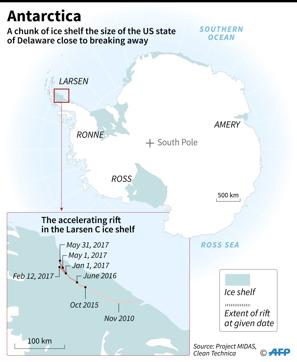Map of Antarctica, showing the accelerating rift in the Larsen C ice shelf. (AFP) Map of Antarctica, showing the accelerating rift in the Larsen C ice shelf. (AFP)