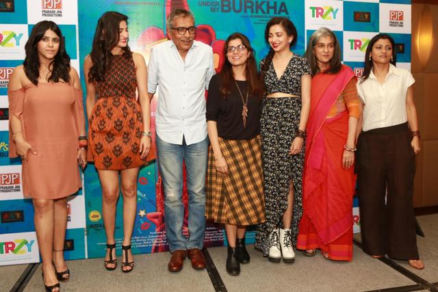 Producer Ekta Kapoor, actor Aahana Kumra, filmmaker Prakash Jha, filmmaker Alankrita Shrivastava, actors Plabita Borthakur, Ratna Pathak and Konkona Sen Sharma during a press conference organised to promote their upcoming film Lipstick Under My Burkha in New Delhi. (IANS) Producer Ekta Kapoor, actor Aahana Kumra, filmmaker Prakash Jha, filmmaker Alankrita Shrivastava, actors Plabita Borthakur, Ratna Pathak and Konkona Sen Sharma during a press conference organised to promote their upcoming film Lipstick Under My Burkha in New Delhi. (IANS)