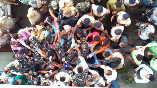 Tejashwi Prasad Yadav surrounded by mediapersons after the cabinet meeting in Patna on Wednesday. (Subhash Pathak/HT Photo) Tejashwi Prasad Yadav surrounded by mediapersons after the cabinet meeting in Patna on Wednesday. (Subhash Pathak/HT Photo)