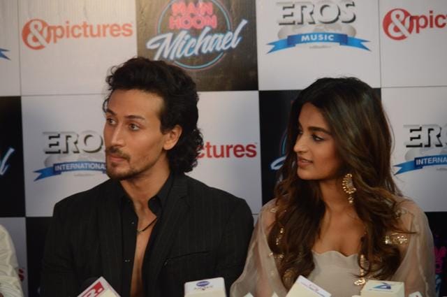 Tiger Shroff and Nidhhi Agarwal during a press conference to promote their upcoming film Munna Michael in Mumbai. (IANS)